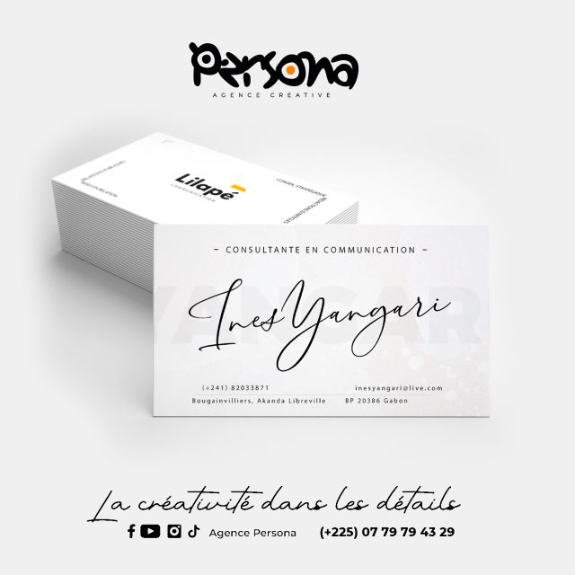 CARTE DE VISITE RÉALISÉE POUR LE COMPTE D’UNE CLIENTE DU GABON.

Avant qu’on vous écoute, on vous regarde.
Avant qu’on vous contacte, on vous observe.
Ce qu’on voit doit déjà inspirer confiance.
Votre image reflète votre identité.
L’identité visuelle, c’est votre costume de scène, votre signature, votre impact. Alors ne laissez plus rien au hasard.
#PERSONA s’occupe de créer l’image qui vous ressemble et qui marque les esprits.

Écrivez nous en DM ou :
Tel/Whatsapp :(225) 07 79 79 43 29
Email : info@agencepersona.com

#agencedecommunication #studiocreative #identitevisuelle #supportsdecommunication #strategiedecommunication #abidjan #cotedivoire #afrique #creativity #advertising #publicité