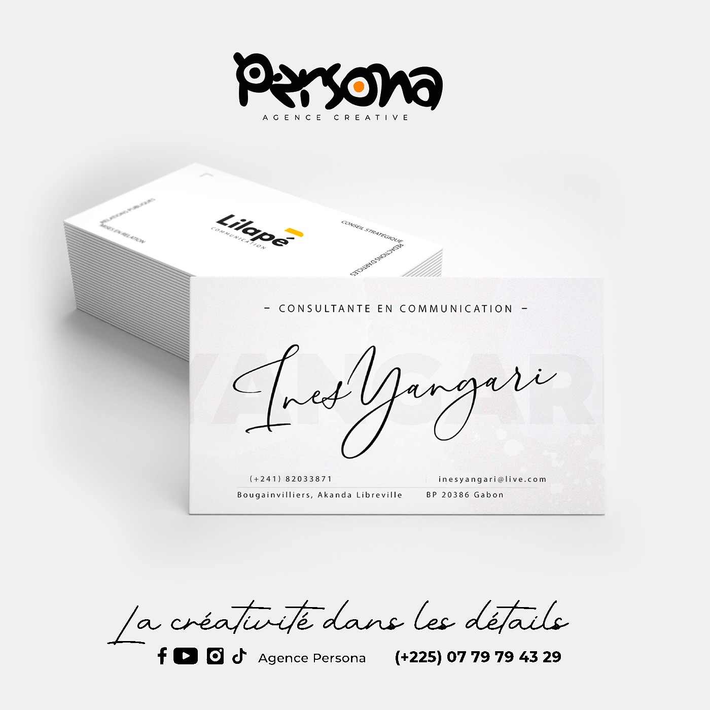 CARTE DE VISITE RÉALISÉE POUR LE COMPTE D’UNE CLIENTE DU GABON.

Avant qu’on vous écoute, on vous regarde.
Avant qu’on vous contacte, on vous observe.
Ce qu’on voit doit déjà inspirer confiance.
Votre image reflète votre identité.
L’identité visuelle, c’est votre costume de scène, votre signature, votre impact. Alors ne laissez plus rien au hasard.
#PERSONA s’occupe de créer l’image qui vous ressemble et qui marque les esprits.

Écrivez nous en DM ou :
Tel/Whatsapp :(225) 07 79 79 43 29
Email : info@agencepersona.com

#agencedecommunication #studiocreative #identitevisuelle #supportsdecommunication #strategiedecommunication #abidjan #cotedivoire #afrique #creativity #advertising #publicité