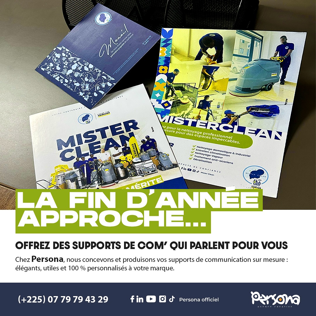 🔴🔴La fin d’année approche…

C’est le moment parfait pour remercier vos clients, partenaires et équipes avec des cadeaux qui reflètent votre image.
Chez #Persona, nous concevons et produisons vos goodies sur mesure : élégants, utiles et 100 % personnalisés à votre marque.

Marquez les esprits, pas juste les boîtes.

🔴Commandez vos supports de communication dès maintenant et faites la différence.

🔴🔴🔴Contactez Persona
(225) 07 79 79 43 29
info@agencepersona.com